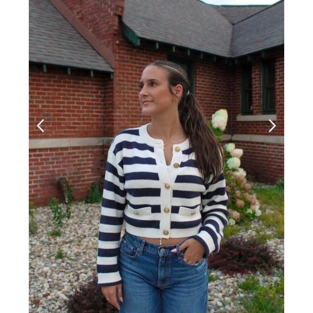 American Eagle Navy Striped Cropped Crewneck Cardigan NWT XL Preppy Nautical - Picture 2 of 15